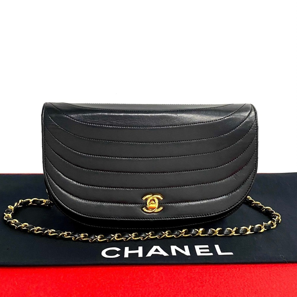 Chanel Coco Mark Half Moon Lambskin Chain Shoulder Bag Black